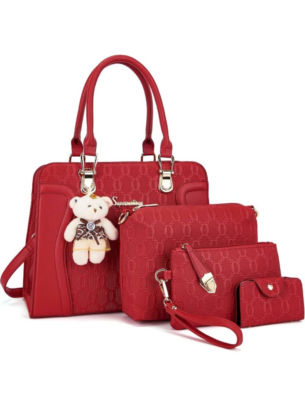 Women's Red 4Pc Handbag Set Tote Shoulder Satchel Purse with Bear Charm